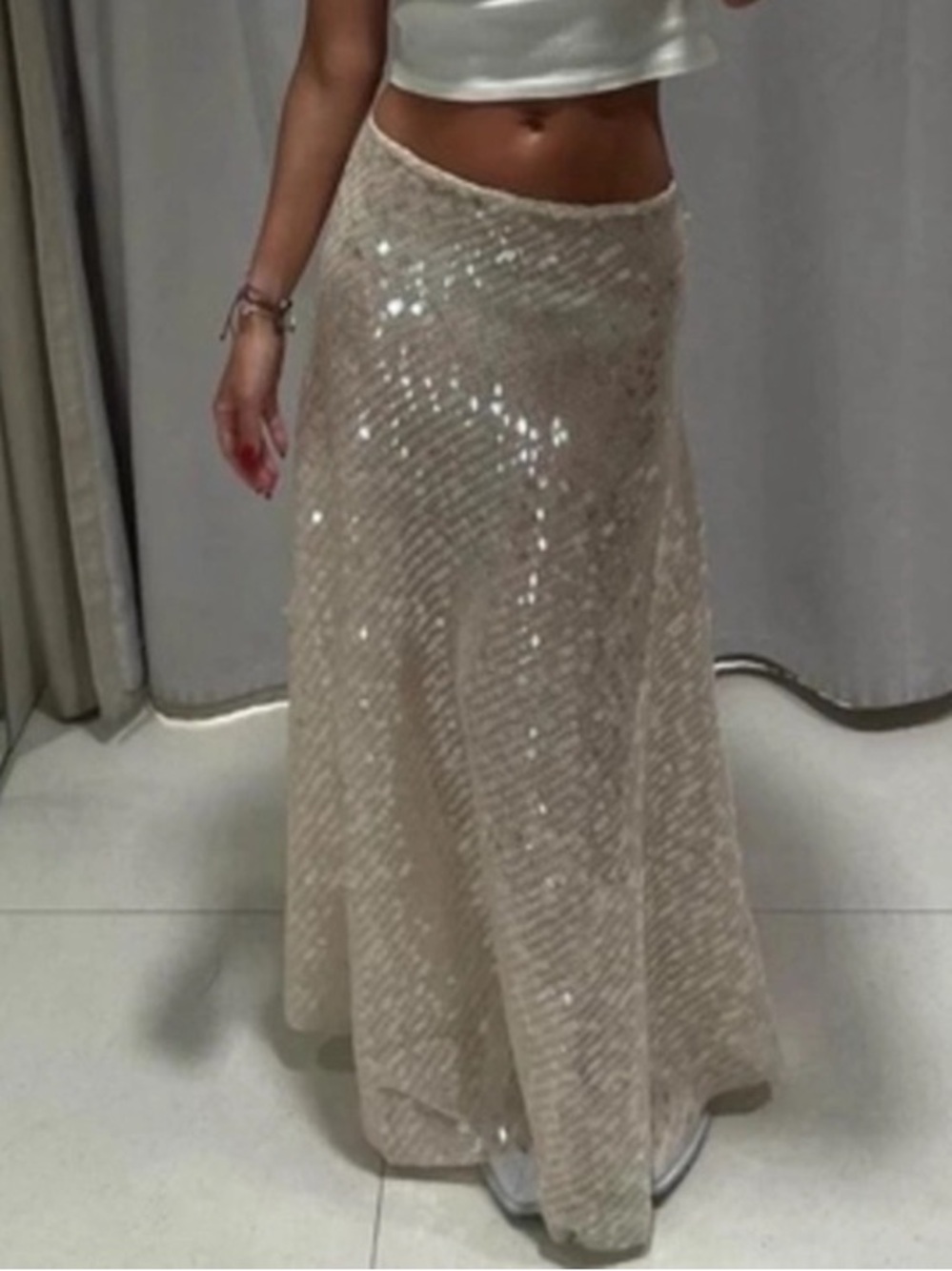 ZARA Set Ecru Cream Net Knit Sequin Midi Skirt & Crop Top